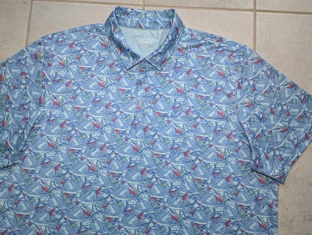 Vineyard Vines Men's XXL Golf Polo Shirt Blue Fishing Marlin Sword Fish Print